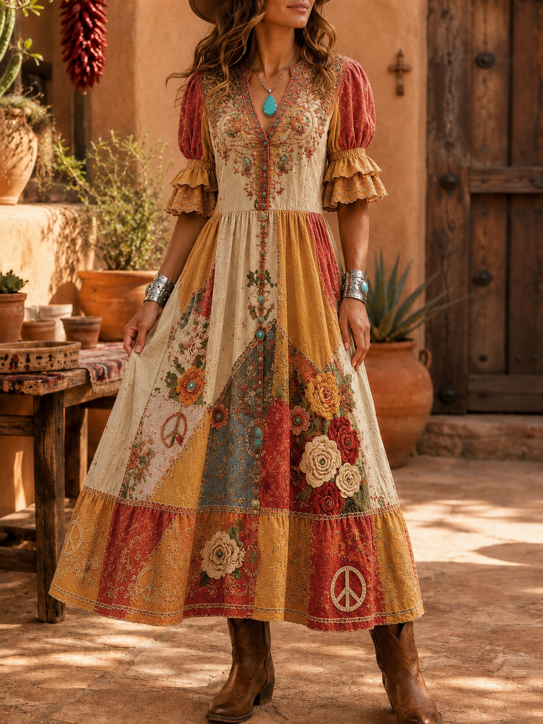 Women's Retro Art Print Washed Cotton Lace Patchwork Midi Dress